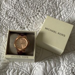 MK Women's Rose Gold Tone Burgundy Strap Watch
